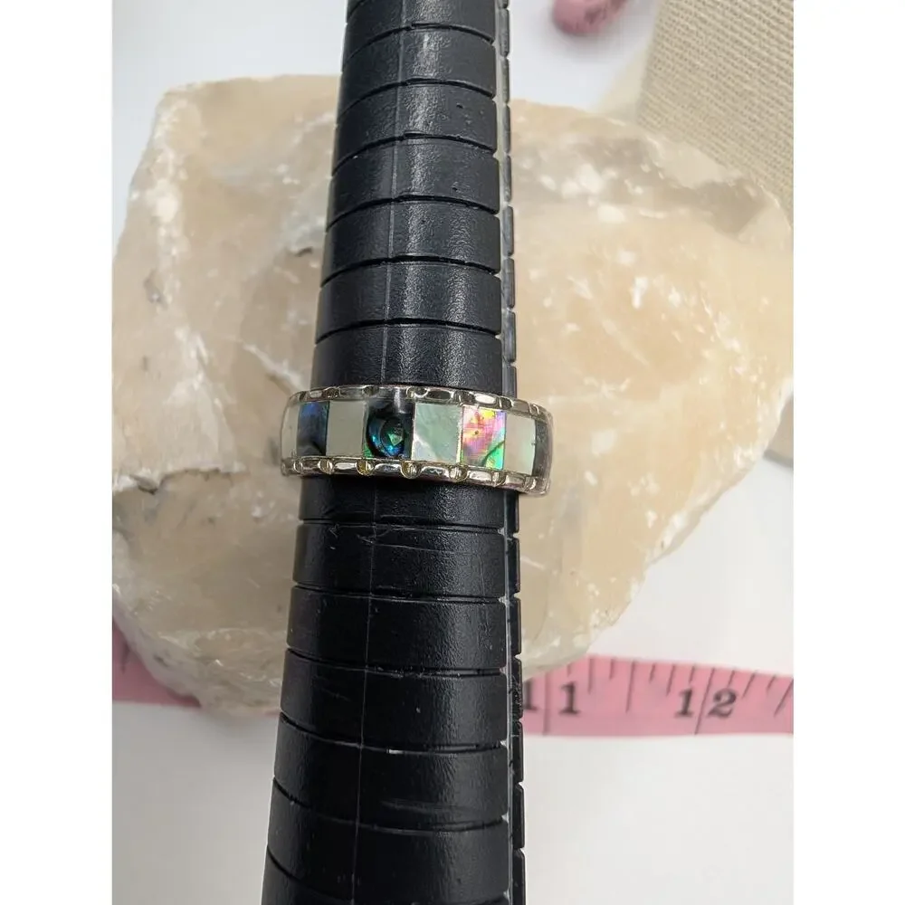 Fashion Band Ring Abalone Shell & Mother of Pearl Inlay Size 7 Silver Tone Wide